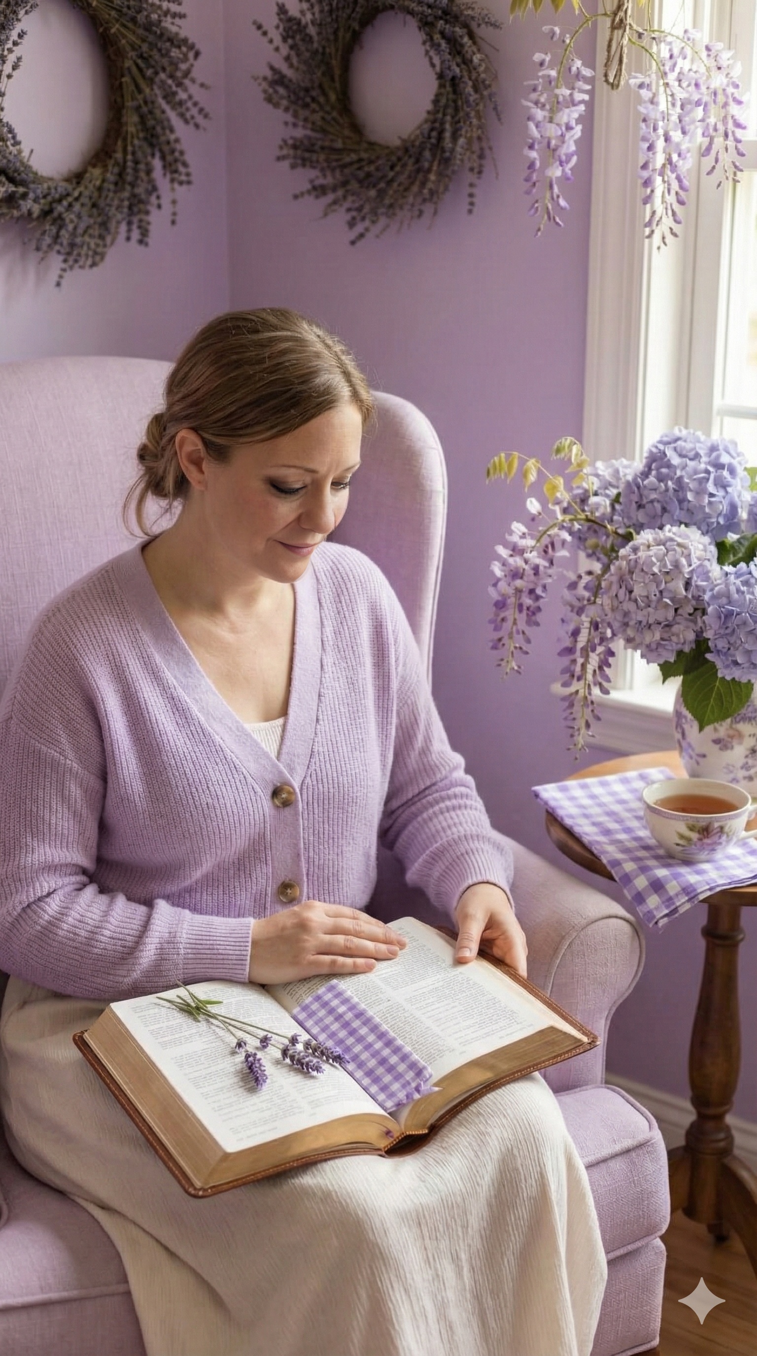 Woman studying the Bible with tea and flowers